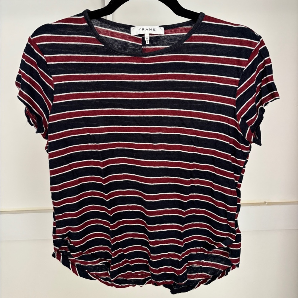 Frame Denim Women's Navy and Red Striped Tee